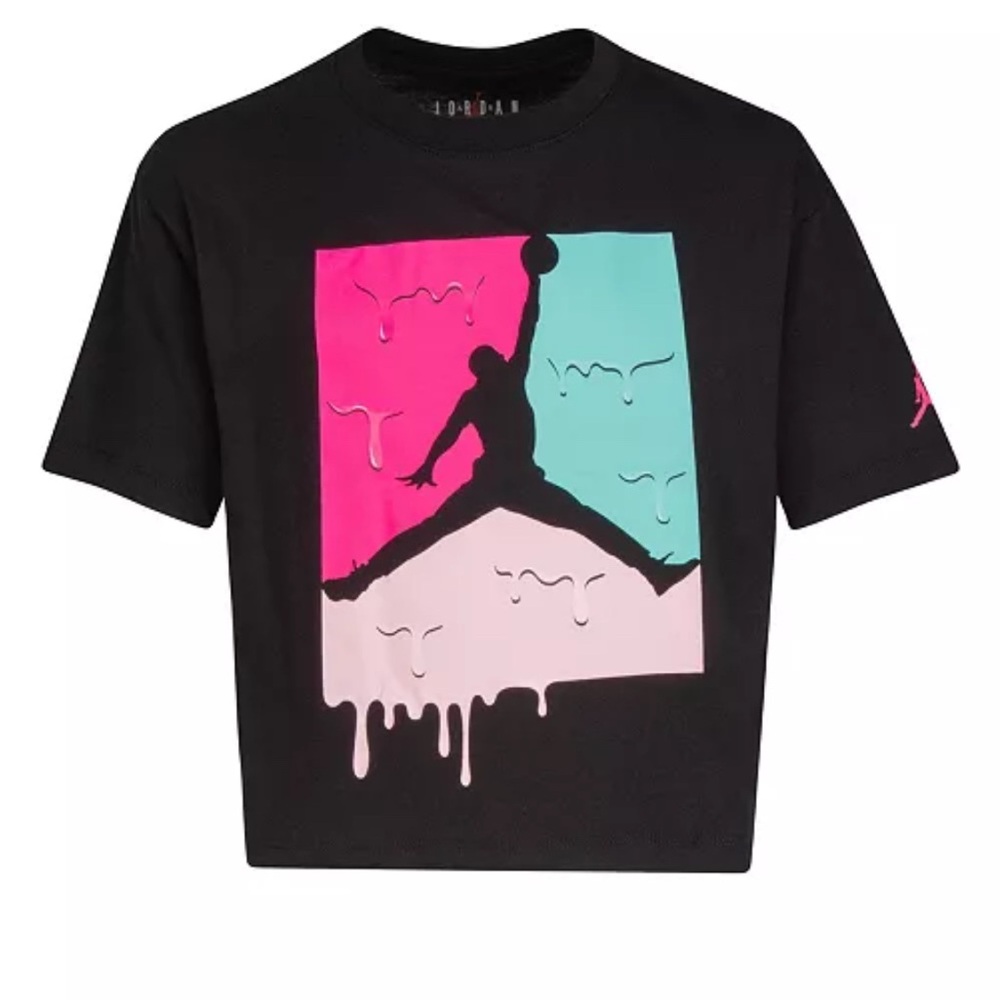 Jordan Girls Black Tee with Pink and Blue Graphic